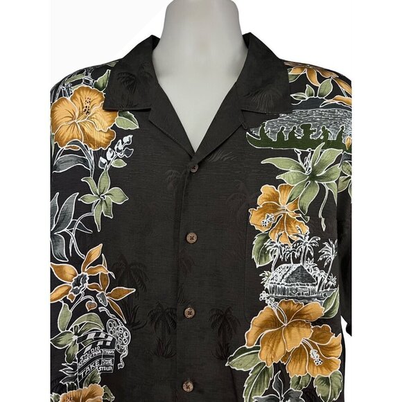 Tommy Bahama Vintage Gray Floral Embossed Silk Button Up Camp Shirt XL Pocket - Picture 4 of 11